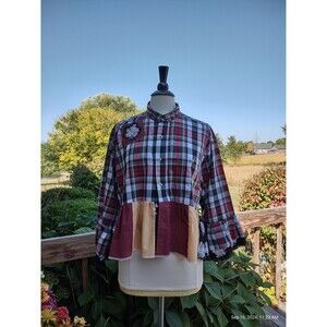 Custom Refashioned Plaid Blouse Cropped with Ruffle Patchwork wearable Art OOAK